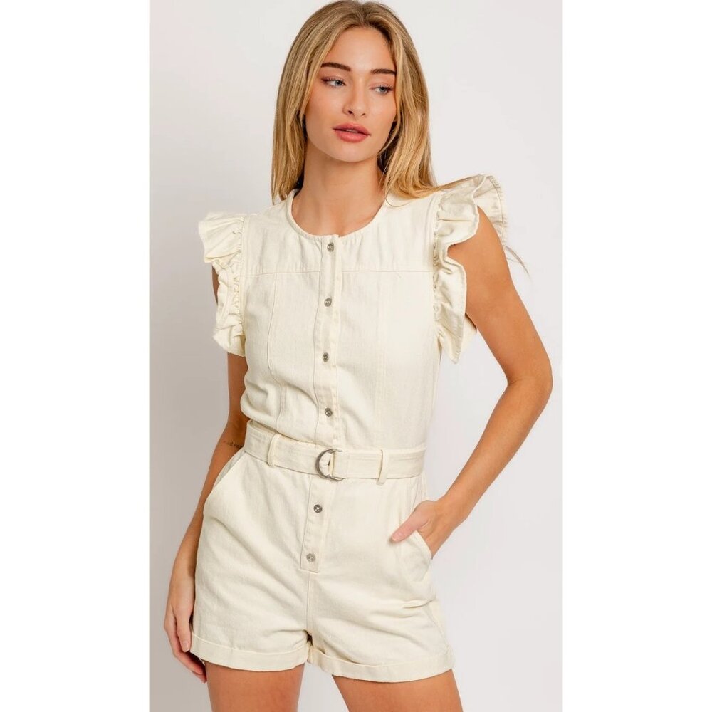 LE LIS Ruffle Buttons Denim Romper In Cream Size Large